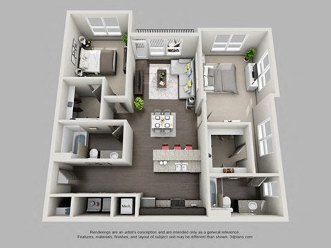 Floor plan for 2 beds, 2 baths, 1160 sqft